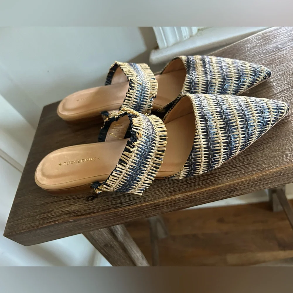 TUCKERNUCK SHOES Women Midnight Raffia Cara Mules Pointed Toe Striped Handmade